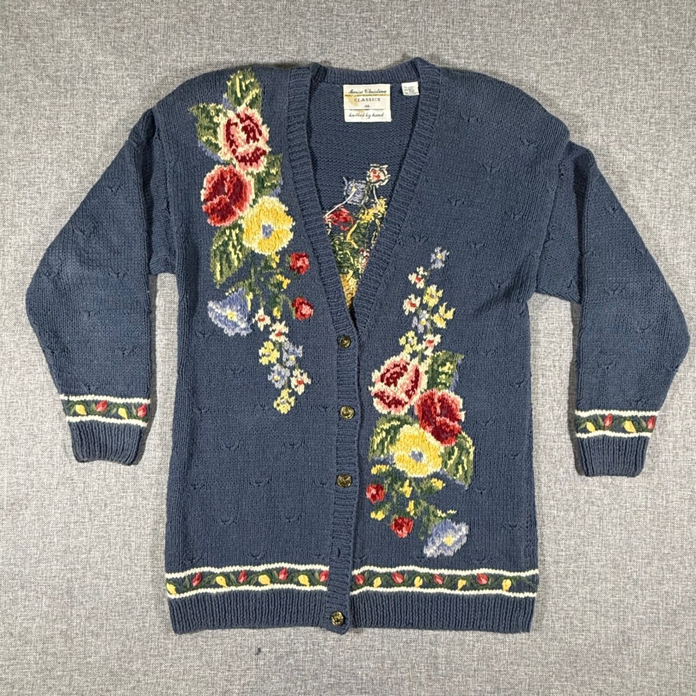 VTG Marisa Christina Floral Cardigan Sweater Womens M Blue Hand Knit Grandmacore